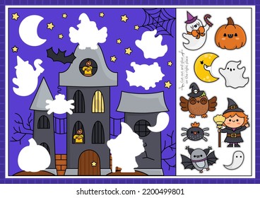 Vector Halloween cut and glue activity. Crafting game with cute kawaii scene with haunted house. Fun printable worksheet for children. Find the right piece of the puzzle. Complete the picture
