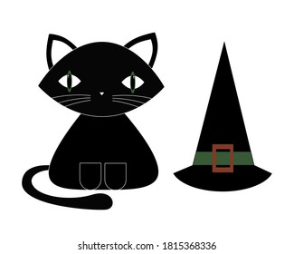 Vector halloween cute black cat and witch hat isolated on white background for cute postcard, logo, for the design of a children`s room, for invitations, greeting cards, business card