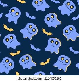 Vector halloween cute pattern cartoon ghosts with yellow bats on the dark blue background.