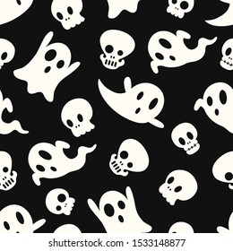 vector halloween cute skull and ghost seamless pattern on black
