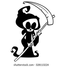 Vector Halloween death with scythe, skeleton character mascot isolated on white background
