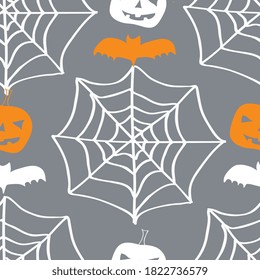 Vector Halloween decent elegant pattern, white and oragne pumkins and bat on grey background. White spiderwebs.