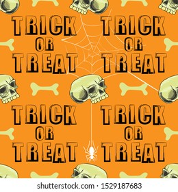 Vector Halloween Decoration Pattern with Skull and Spider Isolated on Orange Background.