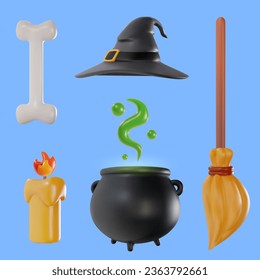 Vector halloween decoration in realistic cartoon style. Bone, magic hat, candle, witch pot, broom. Set collection bright festive elements. Cute 3d illustration.