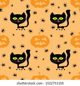 Vector Halloween Decoration Seamless Pattern with Black Cat and Pumpkin Isolated on Orange Background.