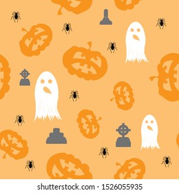 Vector Halloween Decoration Seamless Pattern with Pumpkin Isolated on Orange Background.