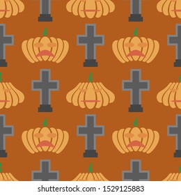 Vector Halloween Decoration Seamless Pattern with Natural Pumpkin and Gravestone Isolated on Orange Background.