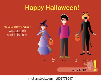  Vector Halloween design drawing with children wearing costumes and protective masks to prevent COVID-19 with warning inscription.