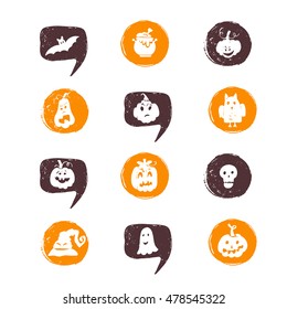 Vector Halloween design elements . Halloween icons  with hand drawn  pumpkins, ghosts, skull, moon, scary hat. Perfect for party invitation, greeting card, flyer, banner, poster.