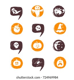 Vector Halloween design elements . Halloween icons with hand drawn pumpkins, ghosts, skull, cat, witch hat. Perfect for party invitation, greeting card, flyer, banner, poster.