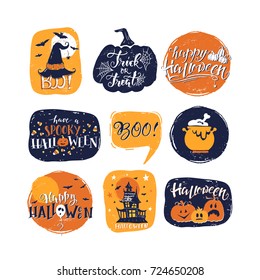 Vector Halloween design elements. Halloween stickers with hand drawn symbols and lettering. Vector collection with pumpkins, ghosts, house. Perfect for party invitation, greeting card, flyer, poster.