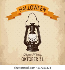 Vector  halloween design with ink hand drawn kerosene lamp illustration. Vintage sketch  for halloween card or invitation design.