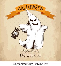Vector  halloween design with ink hand drawn ghost illustration. Vintage sketch  for halloween card or invitation design.