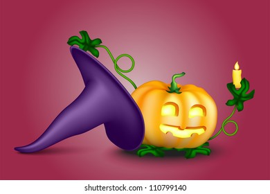 Vector Halloween design, pumpkin with a candle looks out of witch hat.