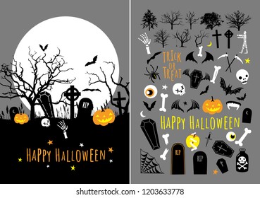 Vector Halloween design set with card and different object illustrations. Will be good for decor a greeting cards, invitations, lettering, business e-mail design, party design and etc.