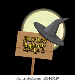 vector halloween design template for posters and flyer with witch hat, moon and wood sign