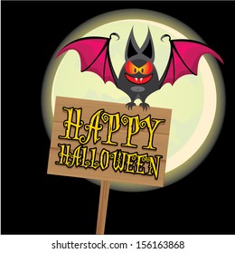vector halloween design template for posters and flyer with evil bat , wood sign and night moon