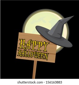 vector halloween design template for posters and flyer with witch hat, moon and wood sign