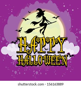 vector halloween design template for posters and flyer with flyoin witch on moon, dark sky ,evil bats