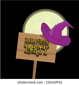 vector halloween design template for posters and flyer with witch hat, moon and wood sign