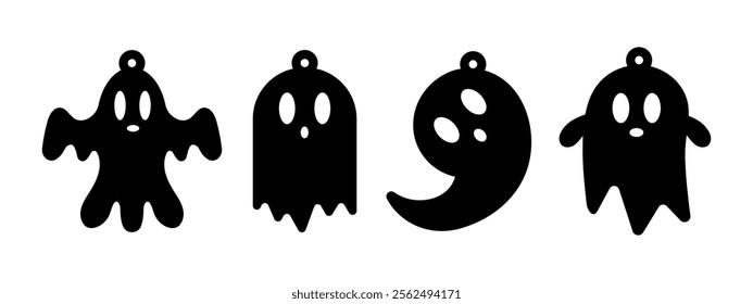 Vector Halloween designs of earrings, pendant or keychain with ghost shape. Jewelry silhouette cut template. Laser cutting with leather, wood or metal. Hanging bijouterie