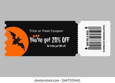 Vector Halloween discount coupon with black bat on orange moon and 20% off text on dark background. Editable spooky clipart, part of themed Halloween coupon set