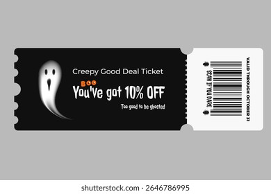 Vetor Halloween desconto bilhete com fantasma branco assustador e 10% off mensagem no fundo preto. Design editável, elemento isolado, parte de um conjunto de cupom de Halloween temático