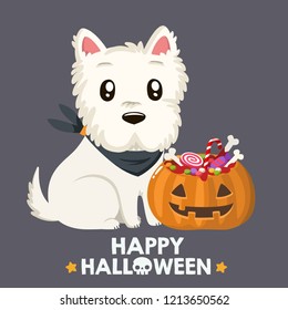 Vector Halloween dog breed West White Terrier. Near the puppy is a pumpkin with a funny face, filled with candy and bones. Illustration in flat style. Text: Happy Halloween.