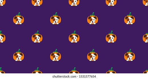 Vector halloween dog with pumpkin seamless pattern background cartoon style for design.