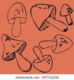 Vector halloween doodle mushrooms on orange background