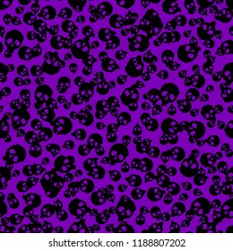 Vector Halloween doodle scattered skulls seamless pattern. Design background for party poster. Hand drawn cartoon illustration in black over purple.