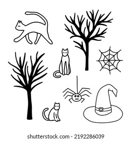 Vector Halloween doodle set. Hand drawn trees, cats, spider, web and witch hat isolated