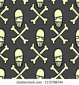 Vector Halloween doodle skulls and bones seamless pattern. Design background for party poster. Hand drawn cartoon illustration. Objects isolated over dark grey.