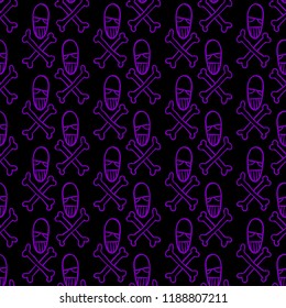 Vector Halloween doodle skulls and bones seamless pattern. Design background for party poster. Hand drawn cartoon illustration in purple over black.