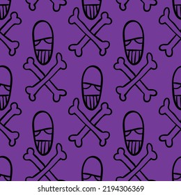 Vector Halloween doodle skulls and bones seamless pattern. Design background for party poster. Hand drawn cartoon illustration in black over purple.