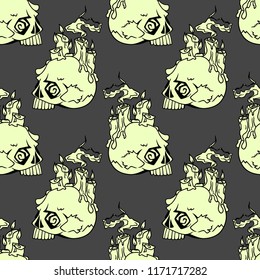 Vector Halloween doodle skulls with candles seamless pattern. Design background for party poster. Hand drawn cartoon illustration. Objects isolated over dark grey.