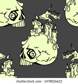 Vector Halloween doodle skulls with candles seamless pattern. Design background for party poster. Hand drawn cartoon illustration. Objects isolated over dark grey.