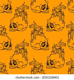 Vector Halloween doodle skulls with candles seamless pattern. Design background for party poster. Hand drawn cartoon illustration in black over orange.