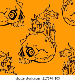 Vector Halloween doodle skulls with candles seamless pattern. Design background for party poster. Hand drawn cartoon illustration in black over orange.