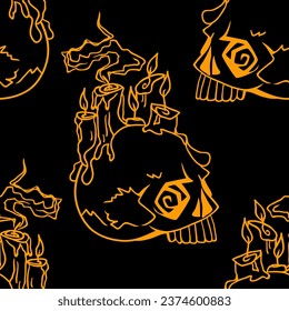Vector Halloween doodle skulls with candles seamless pattern. Design background for party poster. Hand drawn cartoon illustration in orange over black.
