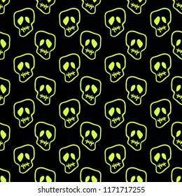 Vector Halloween doodle skulls seamless pattern. Design background for party poster. Hand drawn cartoon illustration. Objects isolated over acid green.