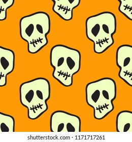Vector Halloween doodle skulls seamless pattern. Design background for party poster. Hand drawn cartoon illustration. Objects isolated over orange.