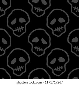Vector Halloween doodle skulls seamless pattern. Design background for party poster. Hand drawn cartoon illustration in dark grey over black.