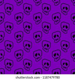 Vector Halloween doodle skulls seamless pattern. Design background for party poster. Hand drawn cartoon illustration in black over purple.