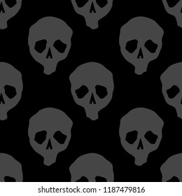 Vector Halloween doodle skulls seamless pattern. Design background for party poster. Hand drawn cartoon illustration in dark grey over black.