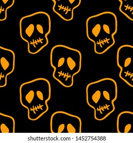 Vector Halloween doodle skulls seamless pattern. Design background for party poster. Hand drawn cartoon illustration in orange over black.