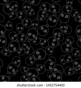 Vector Halloween doodle skulls seamless pattern. Design background for party poster. Hand drawn cartoon illustration in dark grey over black.