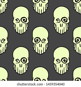 Vector Halloween doodle skulls seamless pattern. Design background for party poster. Hand drawn cartoon illustration. Objects isolated over dark grey.