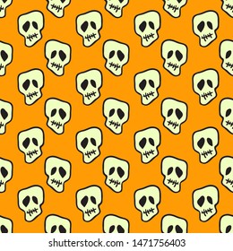 Vector Halloween doodle skulls seamless pattern. Design background for party poster. Hand drawn cartoon illustration. Objects isolated over orange.