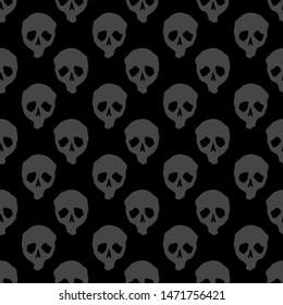 Vector Halloween doodle skulls seamless pattern. Design background for party poster. Hand drawn cartoon illustration in dark grey over black.